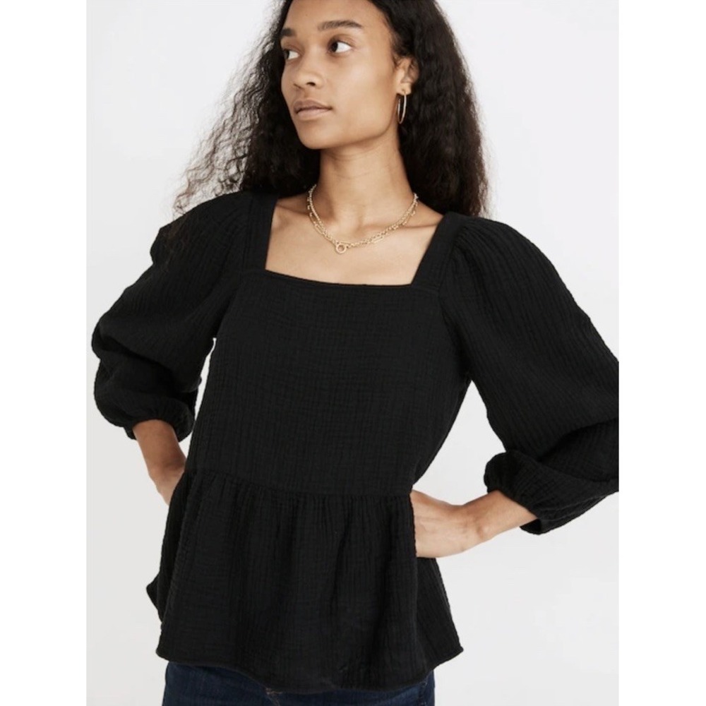 Madewell Puff Sleeve Lightspun Millbrook Peplum Top Square Neck Size M Boho